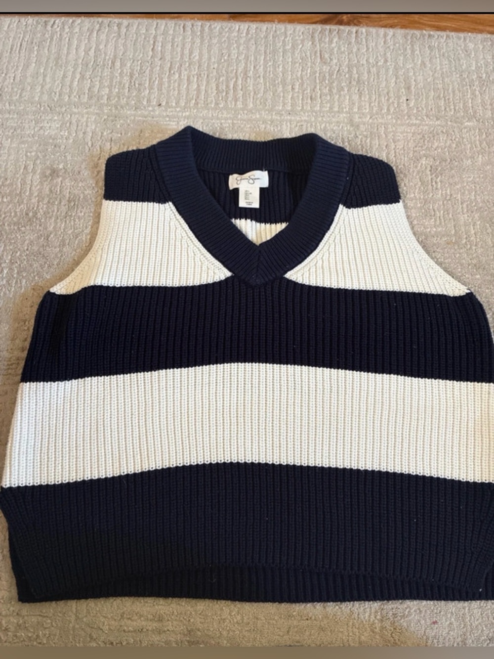 Jessica Simpson Navy and White Striped V-Neck Sweater Vest